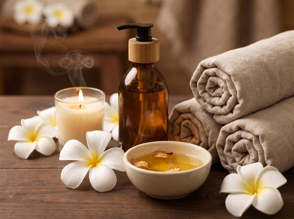 Aromatherapy massage oils, frangipani flowers, candle and rolled linen towels