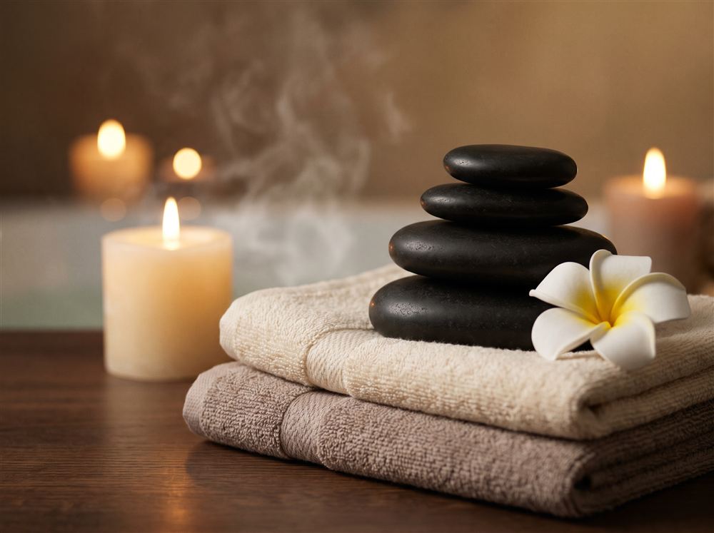 Stack of smooth black basalt hot stones on folded towels with candlelight